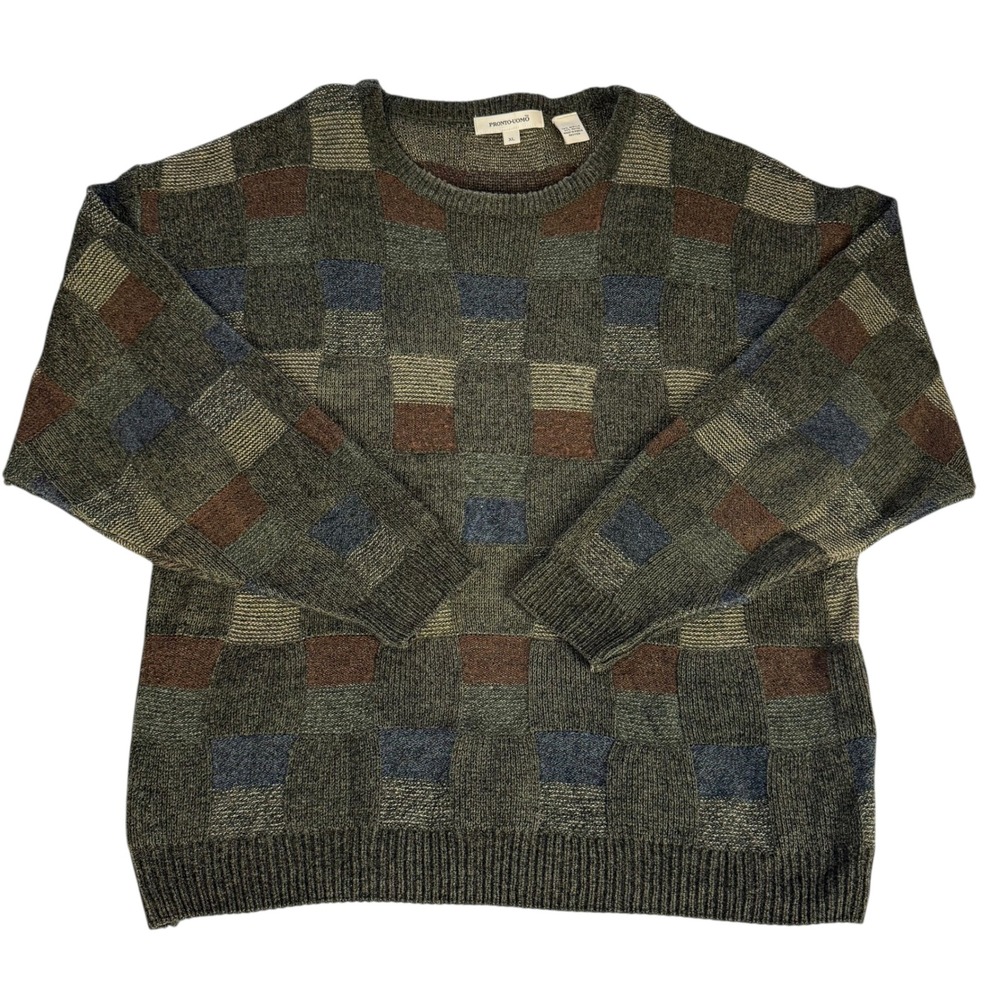 Pronto Uomo Mens XL Sweater Geometric Block Pattern Knit Crew Neck Long‎ Sleeve